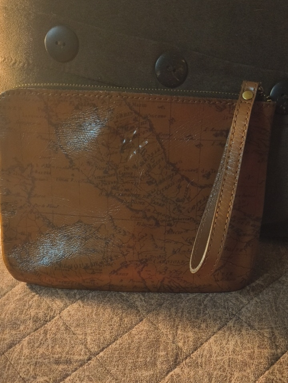 Patricia Nash Map-Print Leather Wristlet in Brown